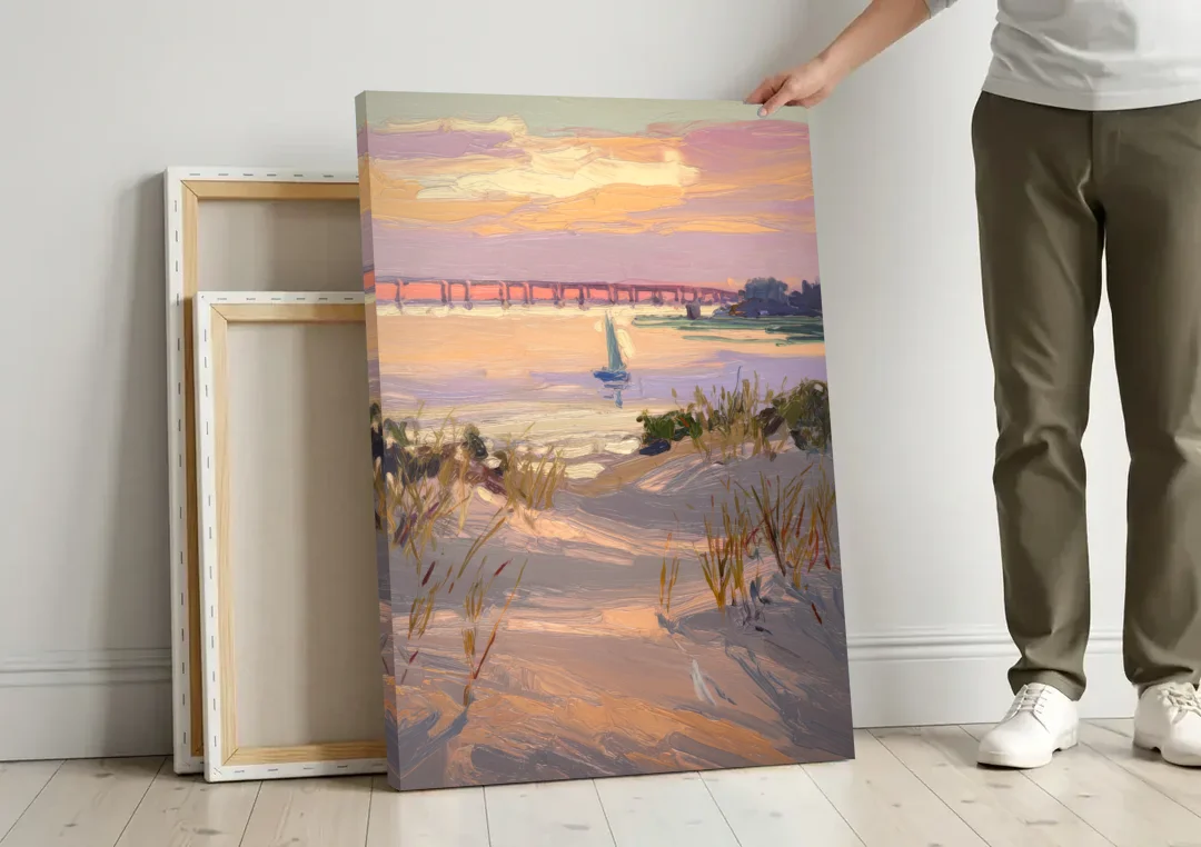 Virginia Beach Chesapeake Bay Views canvas wall art leaning against a wall next to blank canvases