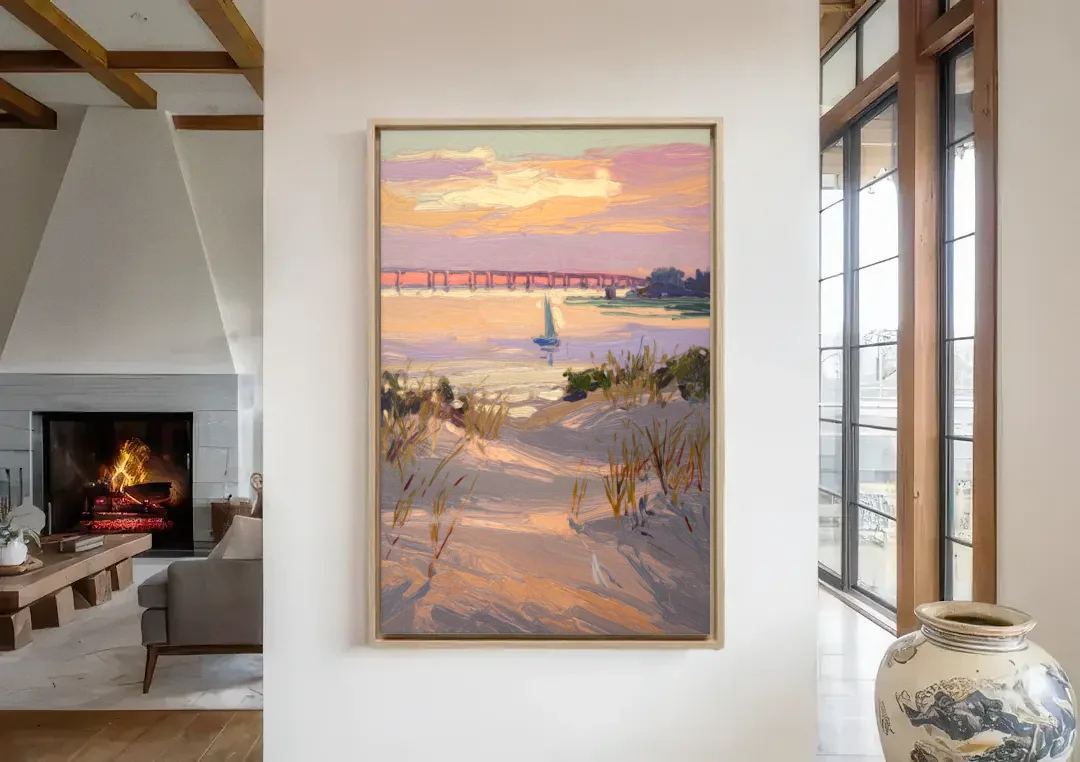 Virginia Beach Chesapeake Bay Views canvas wall art in a living room with a fireplace