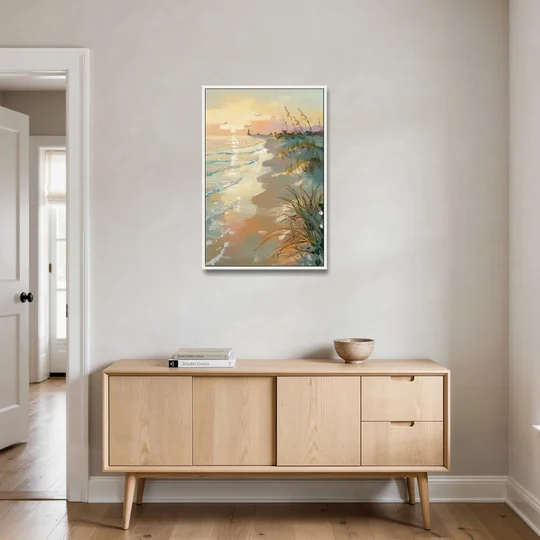Virginia Beach Coastal Sunrise - White Framed Canvas Wall Art - Coffee Table - 24x36