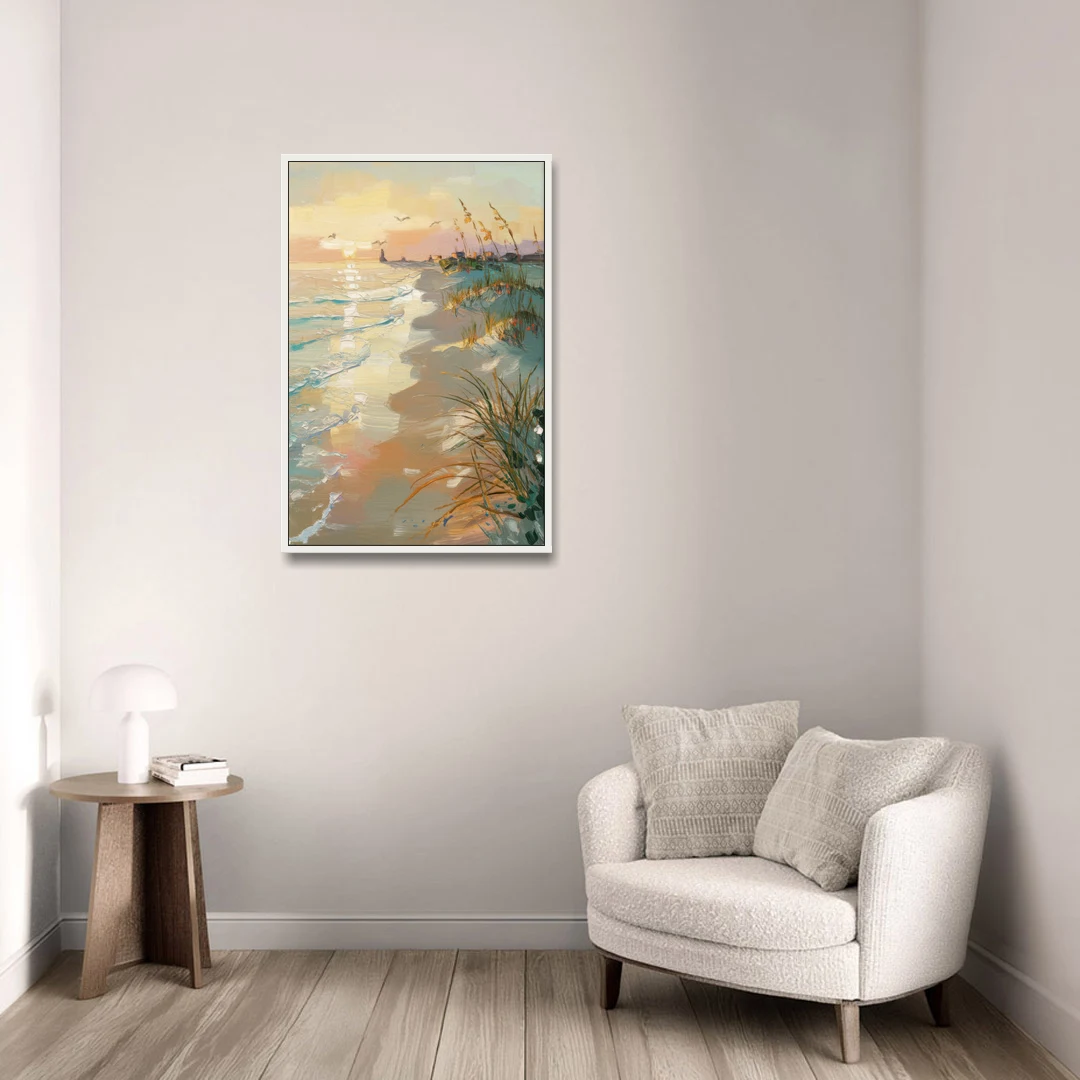 Virginia Beach Coastal Sunrise - White Framed Canvas Wall Art - Sofa - 24x36