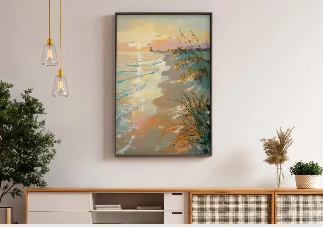 Virginia Beach Coastal Sunrise canvas wall art above a wooden sideboard under pendant lights