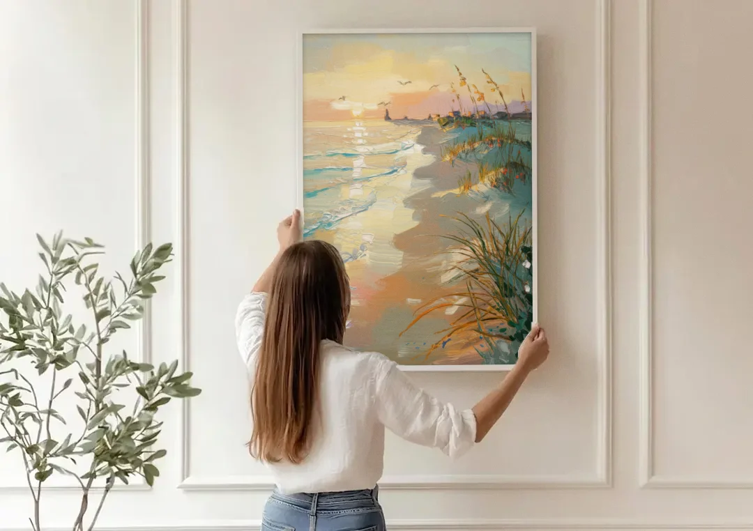Virginia Beach Coastal Sunrise canvas wall art being hung on a paneled wall