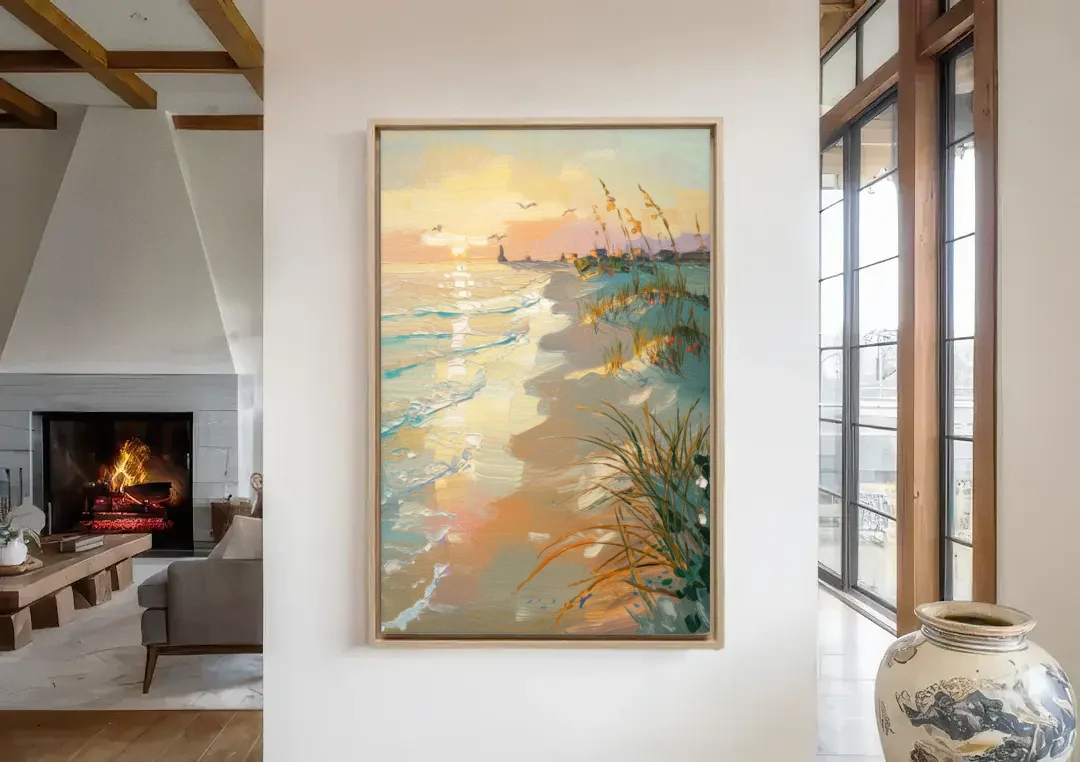 Virginia Beach Coastal Sunrise canvas wall art in a living room with a fireplace