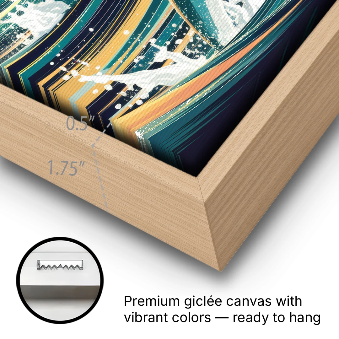 Virginia Beach Dolphins in Motion - Oak Framed Canvas Wall Art - Gallery Wrap Corner