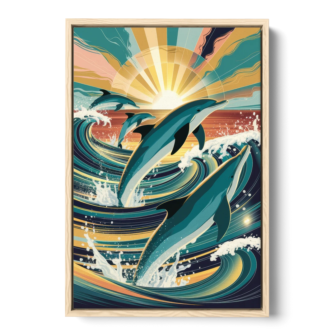 Virginia Beach Dolphins in Motion - Oak Framed Canvas Wall Art - Front