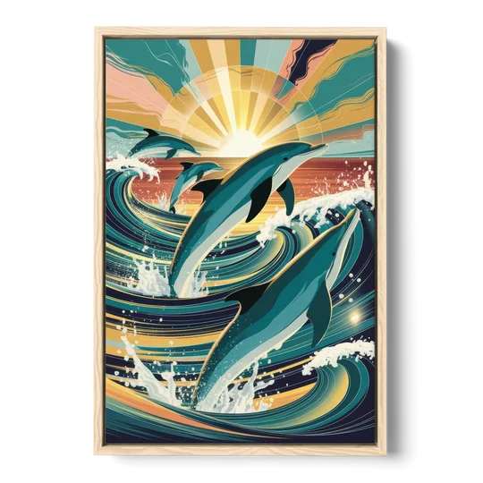 Virginia Beach Dolphins in Motion - Oak Framed Canvas Wall Art - Front