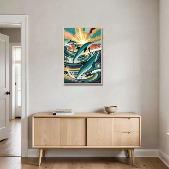 Virginia Beach Dolphins in Motion - Oak Framed Canvas Wall Art - Coffee Table - 24x36
