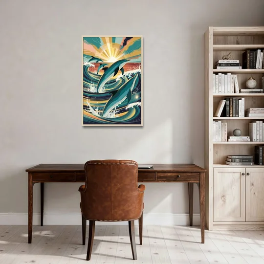 Virginia Beach Dolphins in Motion - Oak Framed Canvas Wall Art - Office - 24x36