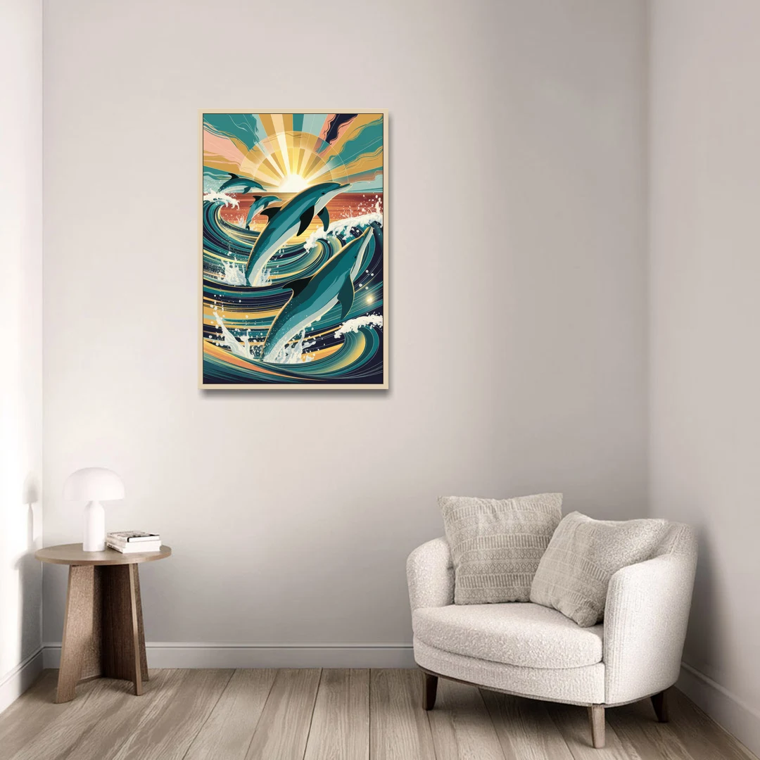 Virginia Beach Dolphins in Motion - Oak Framed Canvas Wall Art - Sofa - 24x36