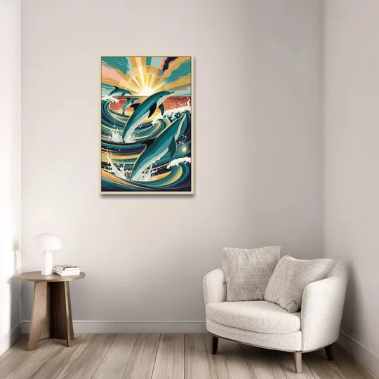 Virginia Beach Dolphins in Motion - Oak Framed Canvas Wall Art - Sofa - 24x36
