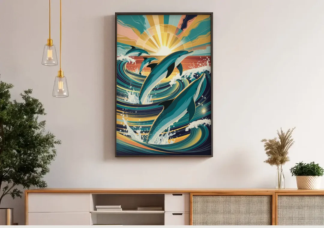 Virginia Beach Dolphins in Motion canvas wall art above a wooden sideboard under pendant lights