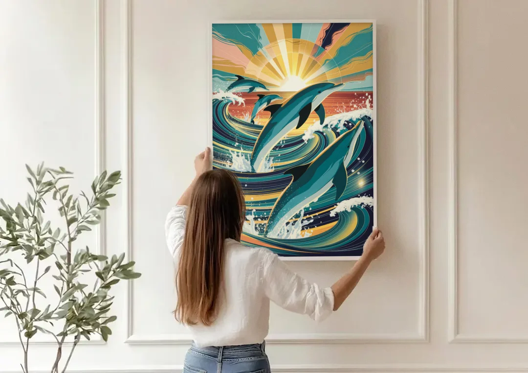 Virginia Beach Dolphins in Motion canvas wall art being hung on a paneled wall