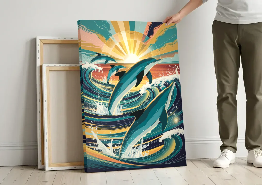 Virginia Beach Dolphins in Motion canvas wall art leaning against a wall next to blank canvases