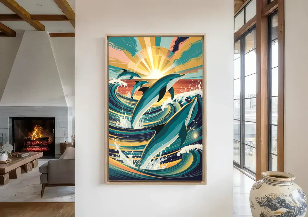 Virginia Beach Dolphins in Motion canvas wall art in a living room with a fireplace