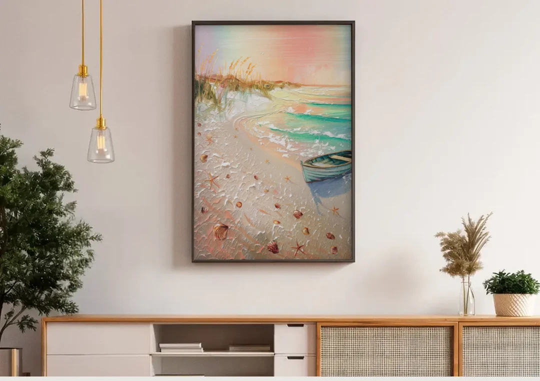 Virginia Beach Nautical Charm canvas wall art above a wooden sideboard under pendant lights