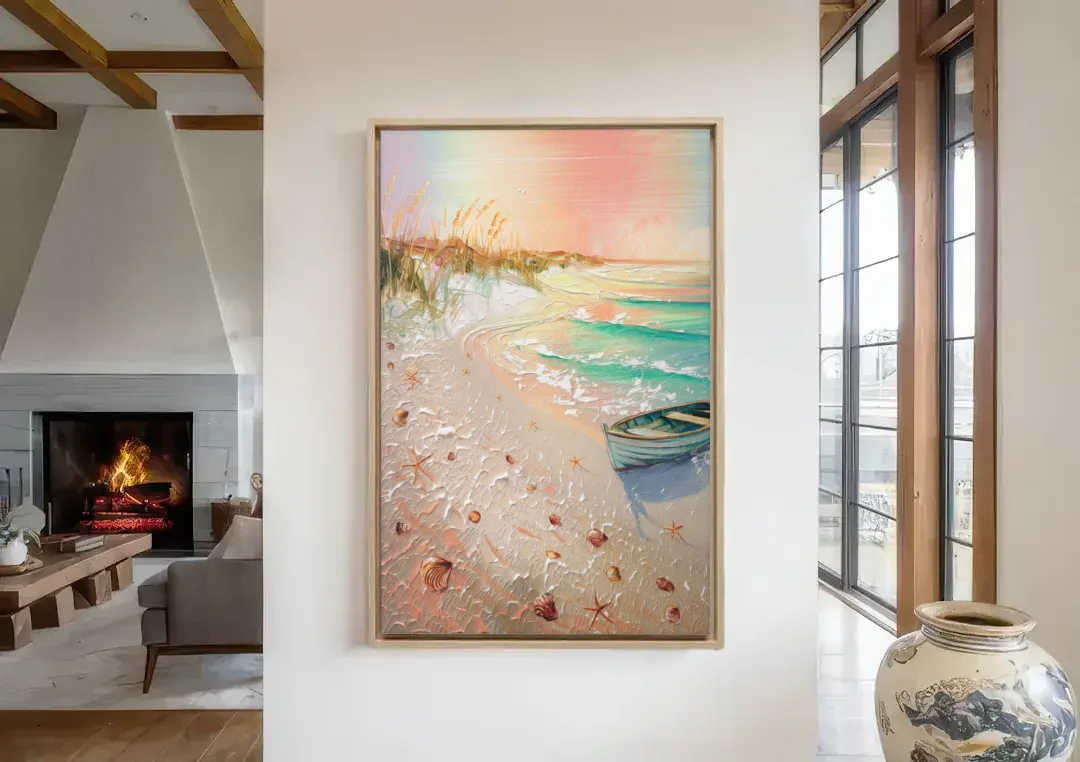 Virginia Beach Nautical Charm canvas wall art in a living room with a fireplace
