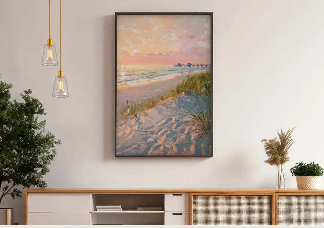Virginia Beach Oceanfront Serenity canvas wall art above a wooden sideboard under pendant lights