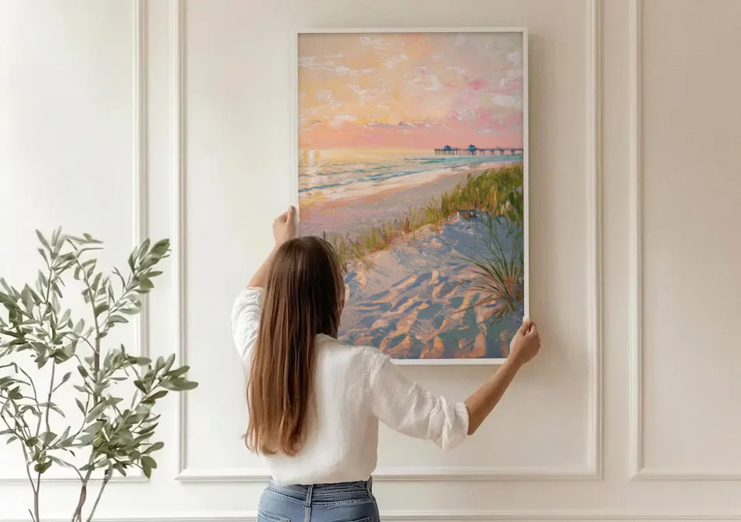 Virginia Beach Oceanfront Serenity canvas wall art being hung on a paneled wall