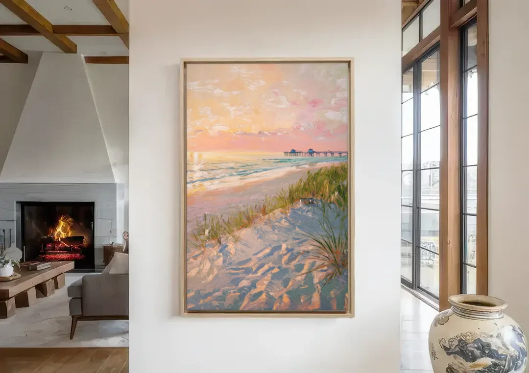 Virginia Beach Oceanfront Serenity canvas wall art in a living room with a fireplace