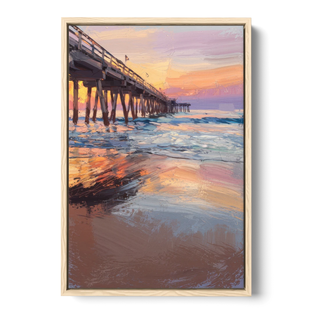 Virginia Beach Pier at Sunset - Oak Framed Canvas Wall Art - Front
