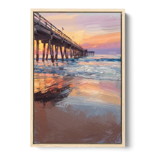 Virginia Beach Pier at Sunset - Oak Framed Canvas Wall Art - Front
