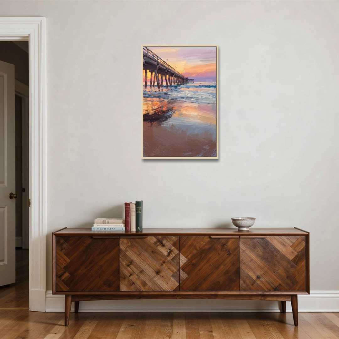 Virginia Beach Pier at Sunset - Oak Framed Canvas Wall Art - Coffee Table - 24x36