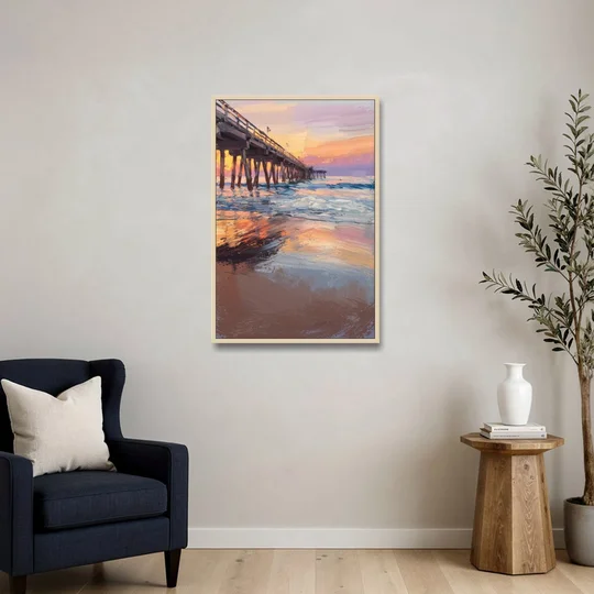 Virginia Beach Pier at Sunset - Oak Framed Canvas Wall Art - Sofa - 24x36
