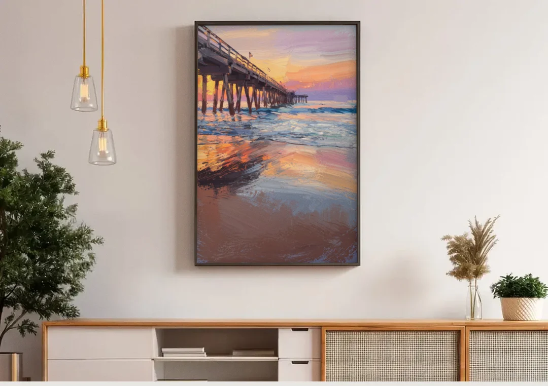 Virginia Beach Pier at Sunset canvas wall art above a wooden sideboard under pendant lights