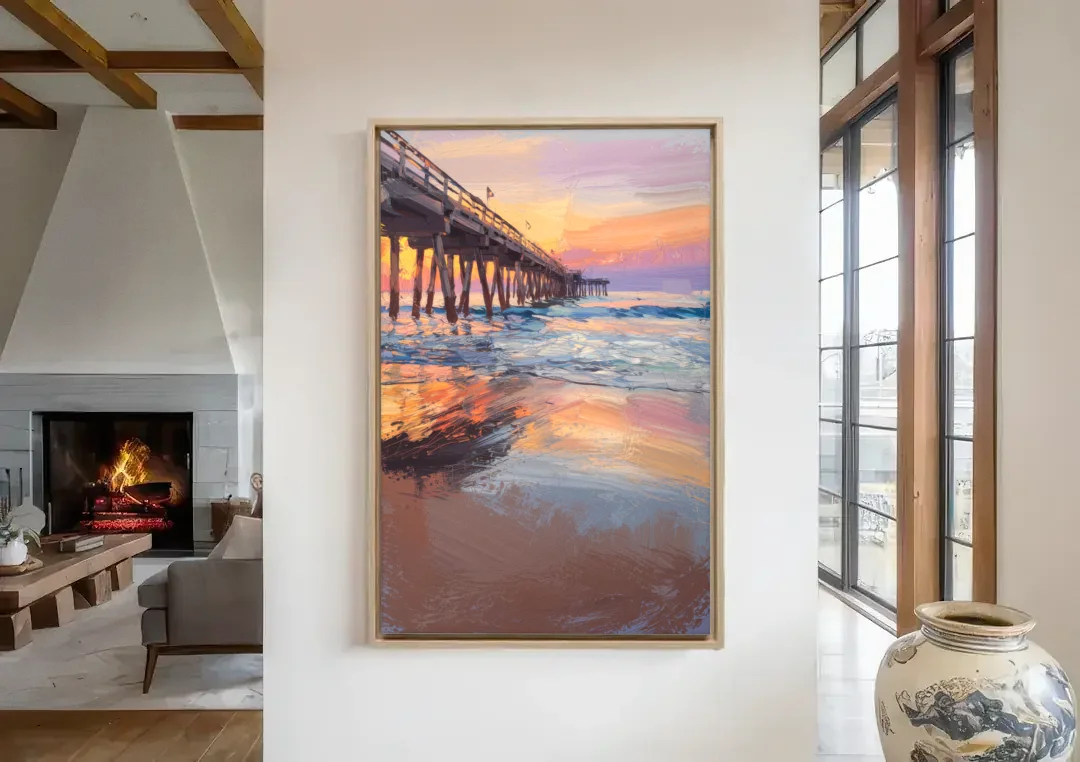 Virginia Beach Pier at Sunset canvas wall art in a living room with a fireplace