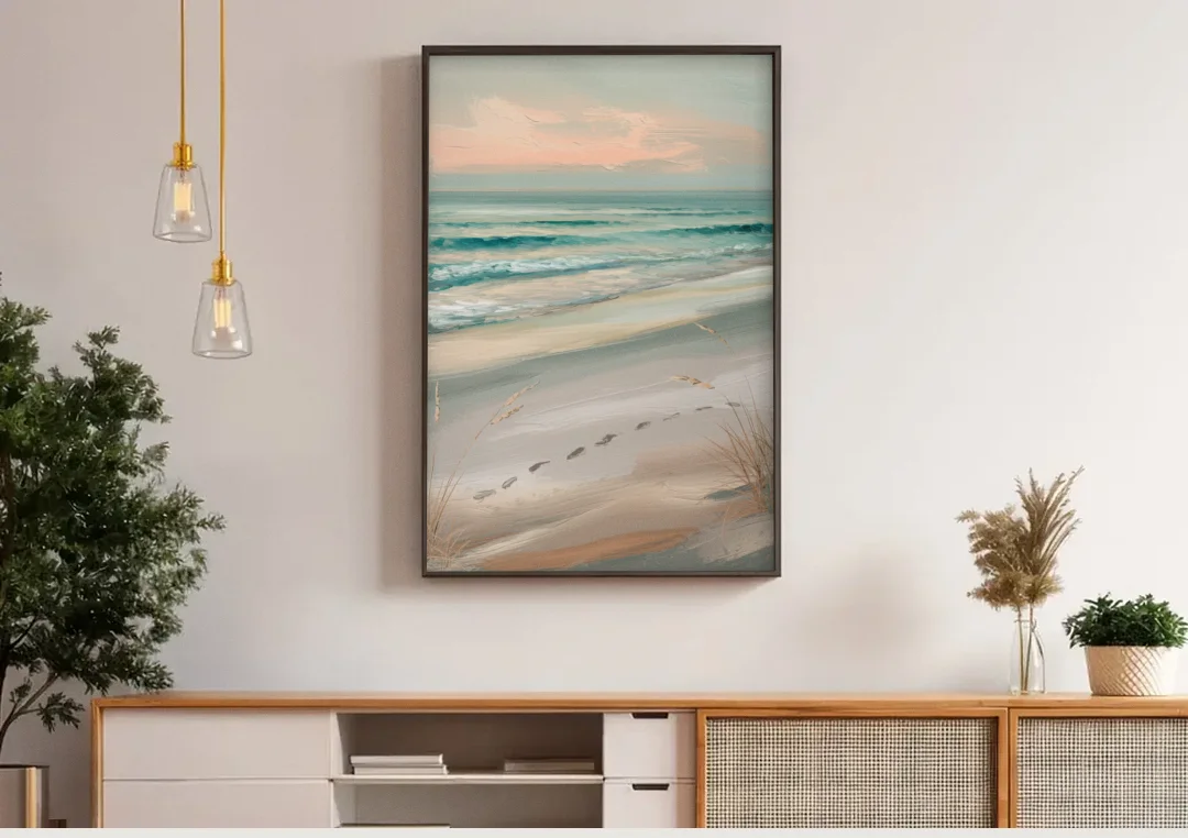 Virginia Beach Sand and Surf canvas wall art above a wooden sideboard under pendant lights