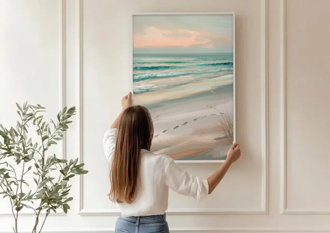 Virginia Beach Sand and Surf canvas wall art being hung on a paneled wall