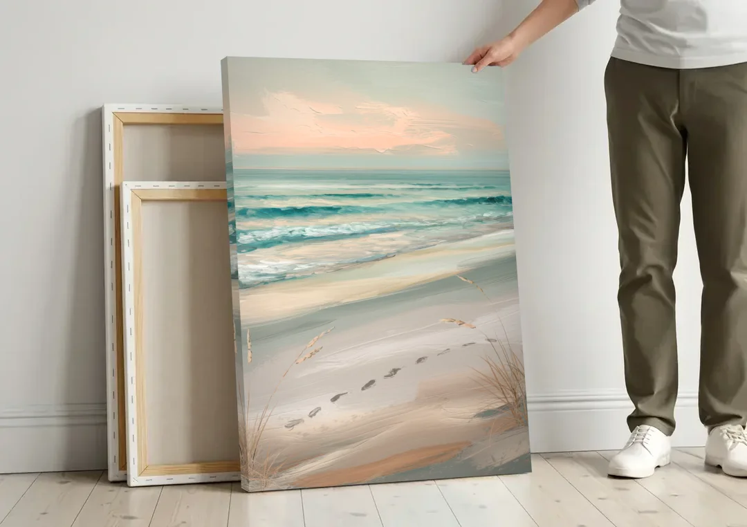 Virginia Beach Sand and Surf canvas wall art leaning against a wall next to blank canvases