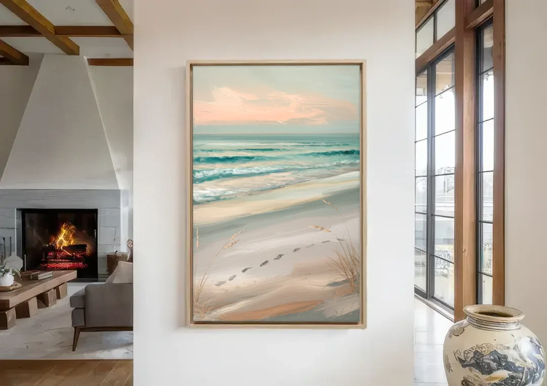 Virginia Beach Sand and Surf canvas wall art in a living room with a fireplace