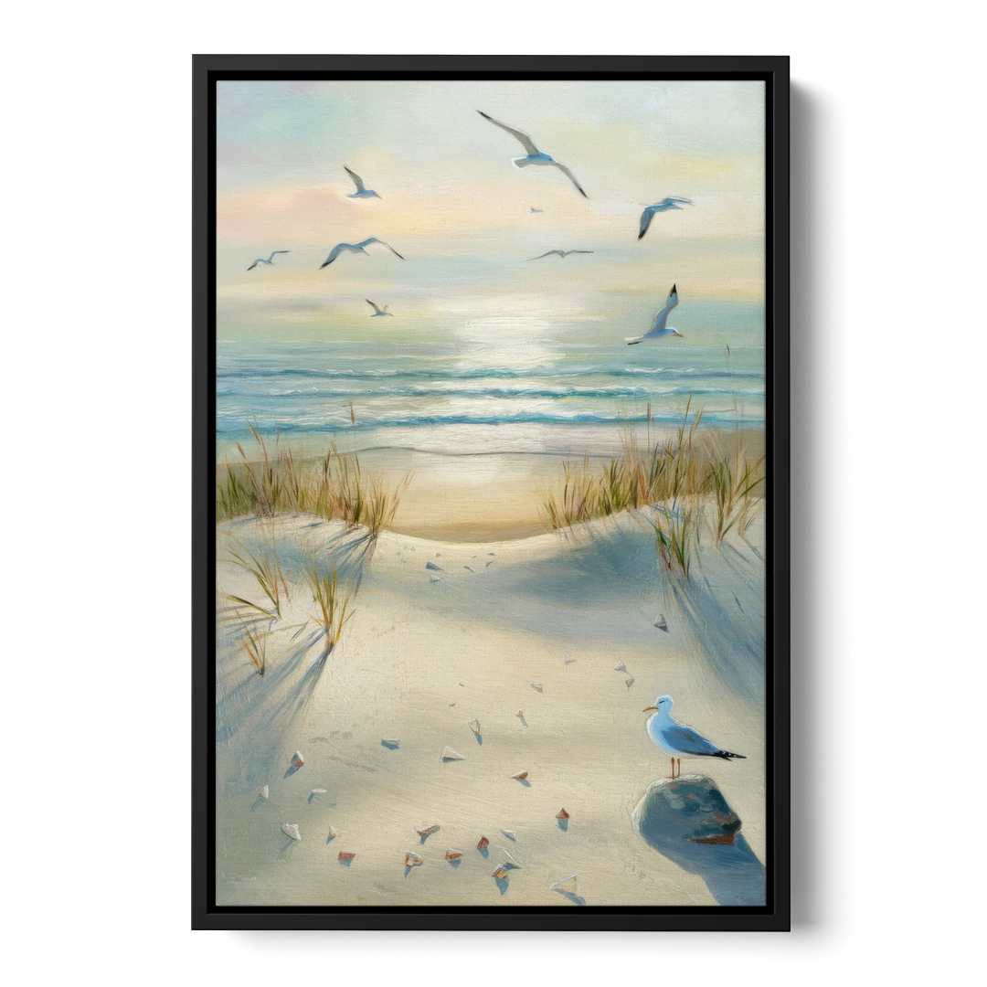 Virginia Beach Seagulls in Flight - Black Framed Canvas Wall Art - Front