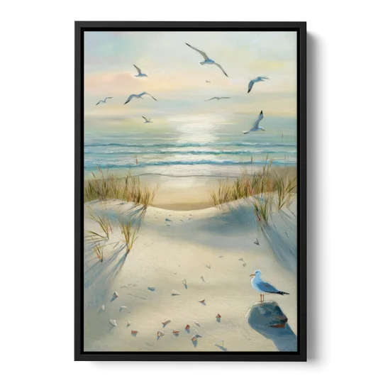 Virginia Beach Seagulls in Flight - Black Framed Canvas Wall Art - Front