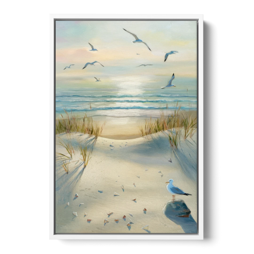Virginia Beach Seagulls in Flight - White Framed Canvas Wall Art - Front