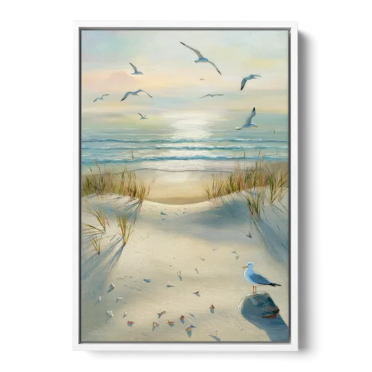 Virginia Beach Seagulls in Flight - White Framed Canvas Wall Art - Front