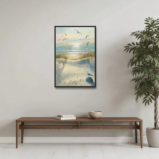 Virginia Beach Seagulls in Flight - Black Framed Canvas Wall Art - Coffee Table - 24x36