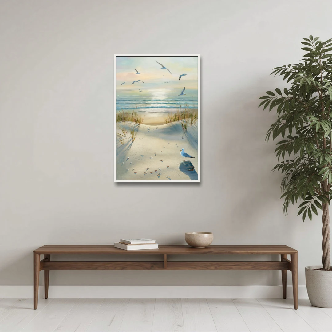 Virginia Beach Seagulls in Flight - White Framed Canvas Wall Art - Coffee Table - 24x36
