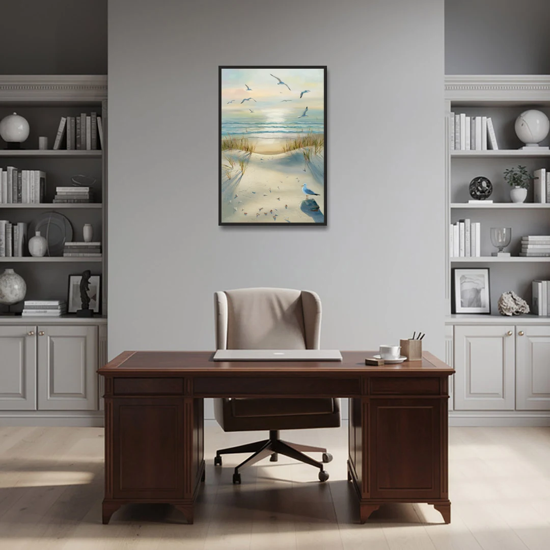 Virginia Beach Seagulls in Flight - Black Framed Canvas Wall Art - Office - 24x36