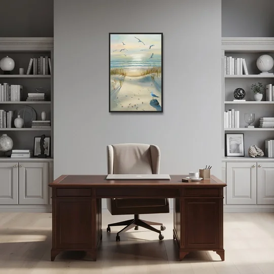 Virginia Beach Seagulls in Flight - Black Framed Canvas Wall Art - Office - 24x36