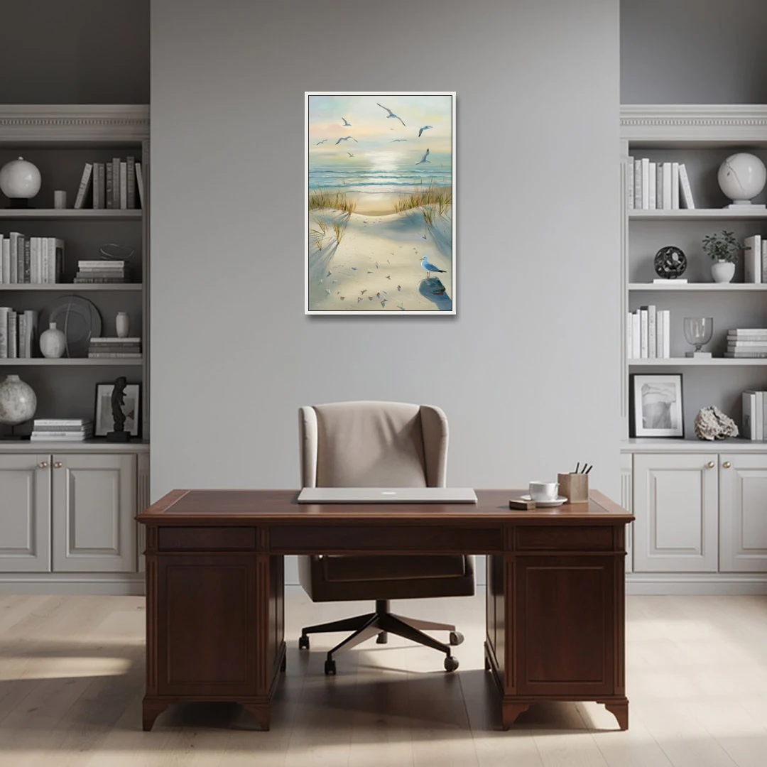 Virginia Beach Seagulls in Flight - White Framed Canvas Wall Art - Office - 24x36