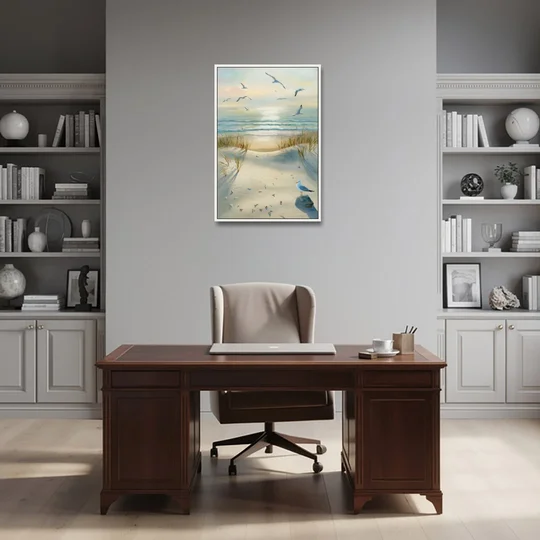 Virginia Beach Seagulls in Flight - White Framed Canvas Wall Art - Office - 24x36