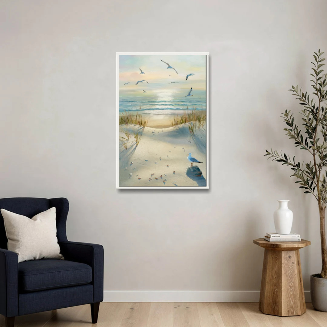Virginia Beach Seagulls in Flight - White Framed Canvas Wall Art - Sofa - 24x36
