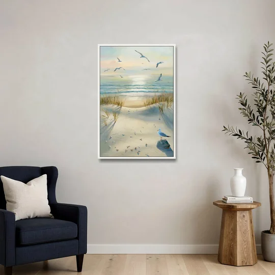 Virginia Beach Seagulls in Flight - White Framed Canvas Wall Art - Sofa - 24x36