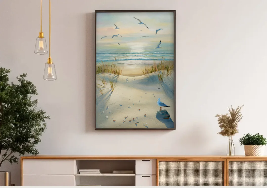 Virginia Beach Seagulls in Flight canvas wall art above a wooden sideboard under pendant lights