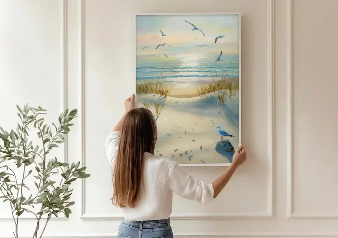 Virginia Beach Seagulls in Flight canvas wall art being hung on a paneled wall