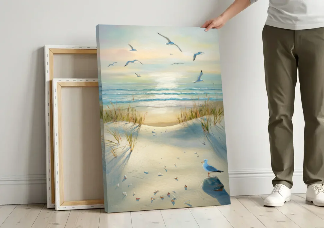 Virginia Beach Seagulls in Flight canvas wall art leaning against a wall next to blank canvases