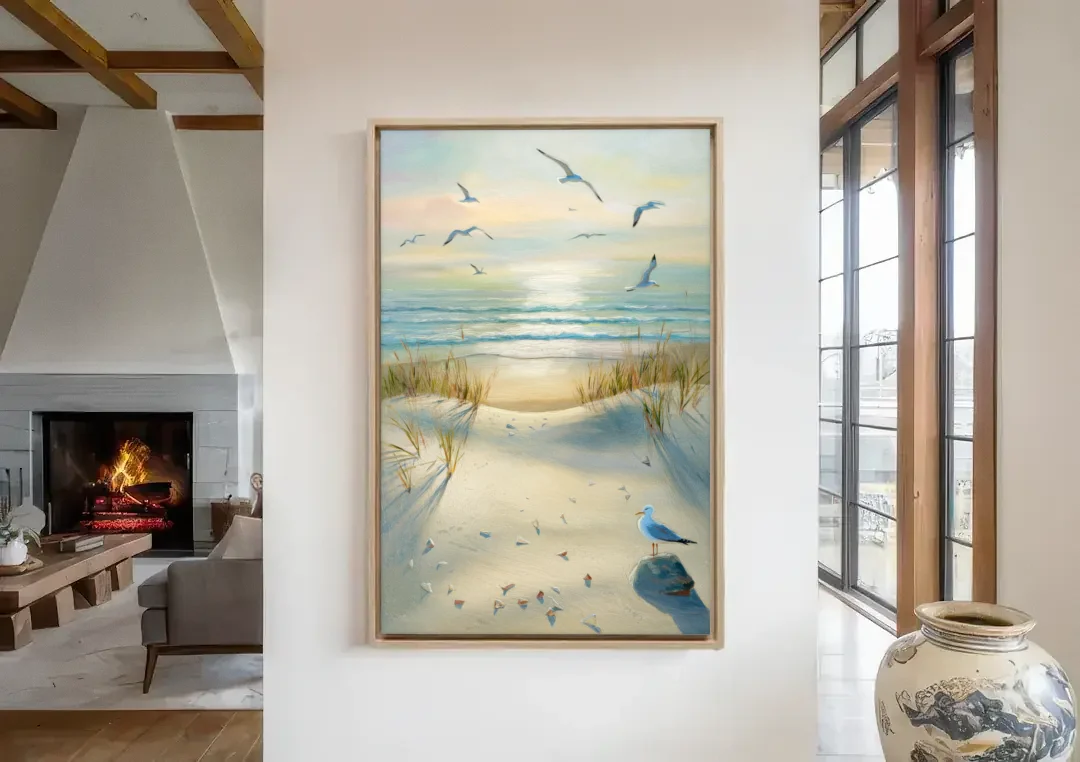 Virginia Beach Seagulls in Flight canvas wall art in a living room with a fireplace