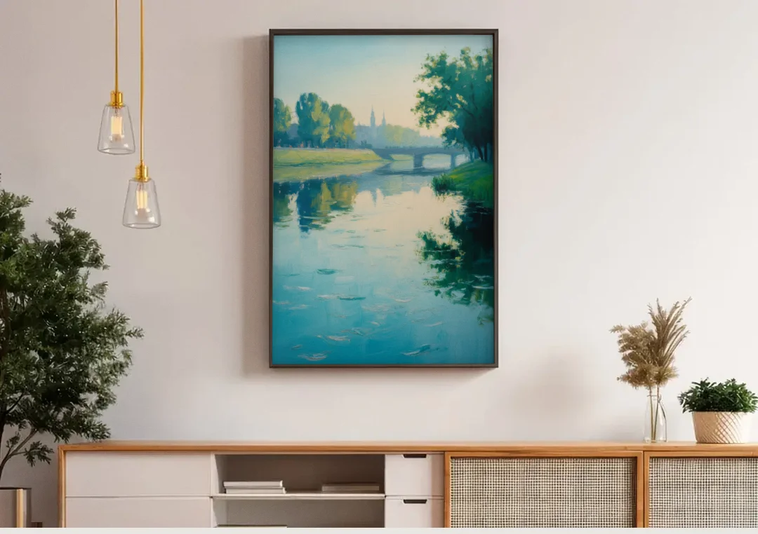 Vistula River Serenity canvas wall art above a wooden sideboard under pendant lights